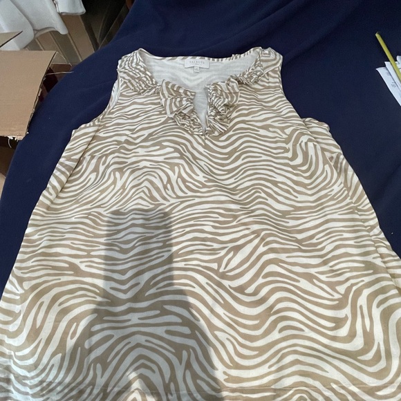 Talbots Tops - Talbots Beige & White Sleeveless Top with Ruffle Trim